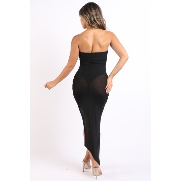 Women's Sexy Sleeveless Off The Shoulder Black Tube Dress With Mesh Contrast - Picture 7 of 10